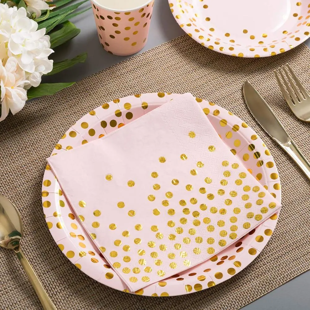 Disposable Paper Plate Napkin Sets - Party Items, Pink with Gold Dots 25 Dinner Plates 25 Dessert Plates 25 Napkins