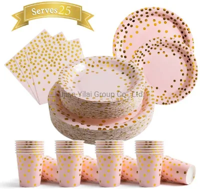 Einweg-Pappteller-Servietten-Sets – Partyartikel, rosa mit goldenen Punkten, 25 Speiseteller, 25 Dessertteller, 25 Servietten