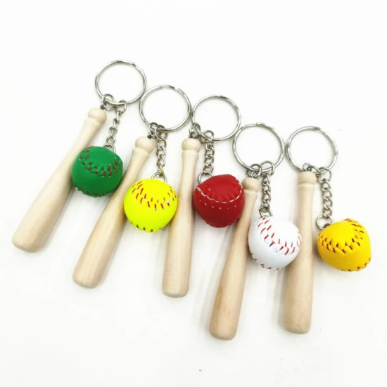 Leon Factory Design Softball-Kettenanhänger, 2 cm Anhänger, Großhandel, kleiner Ball, langer Stock, Schlüsselanhänger, Zubehör, Kunsthandwerk, individueller Baseball-Schlüsselanhänger aus Holz