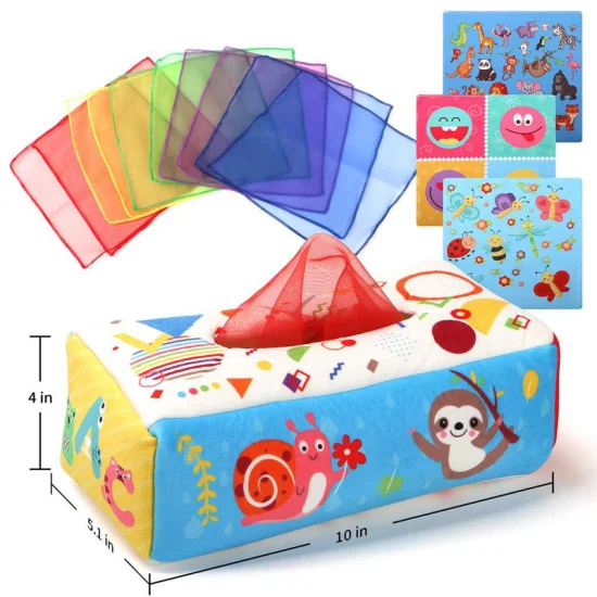 Magische Taschentuchbox für Kleinkinder, Montessori-Spielzeug, sensorisches Babyspielzeug mit Knisterpapier und Jonglier-Regenbogen-Tanzschals für Kleinkinder